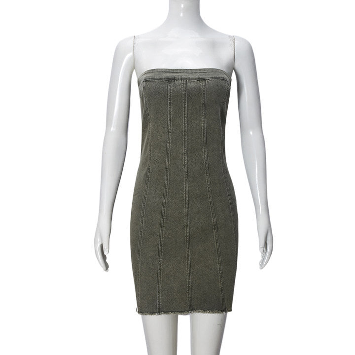 Fashion Backless Tube Denim Dress Summer Sexy Y2K Slim Short Dresses For Women Clothing