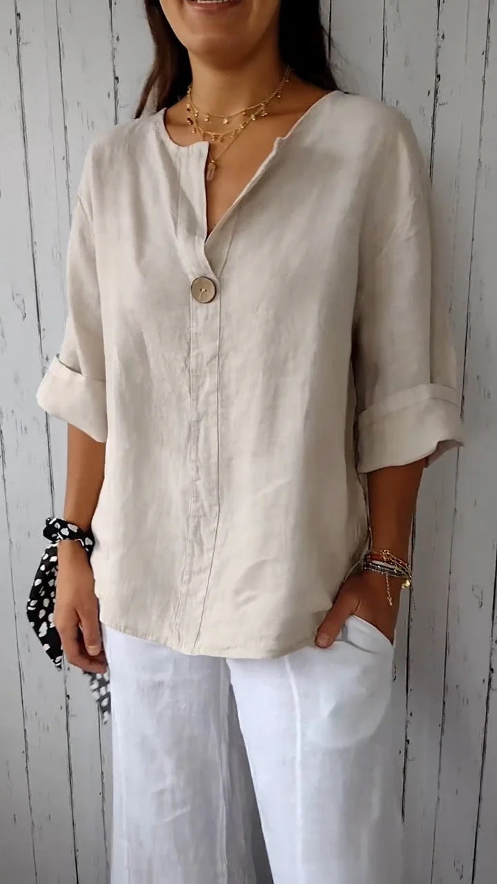 V-neck Long-sleeved T-shirt Fashion Loose Cotton And Linen Button Tops For Women