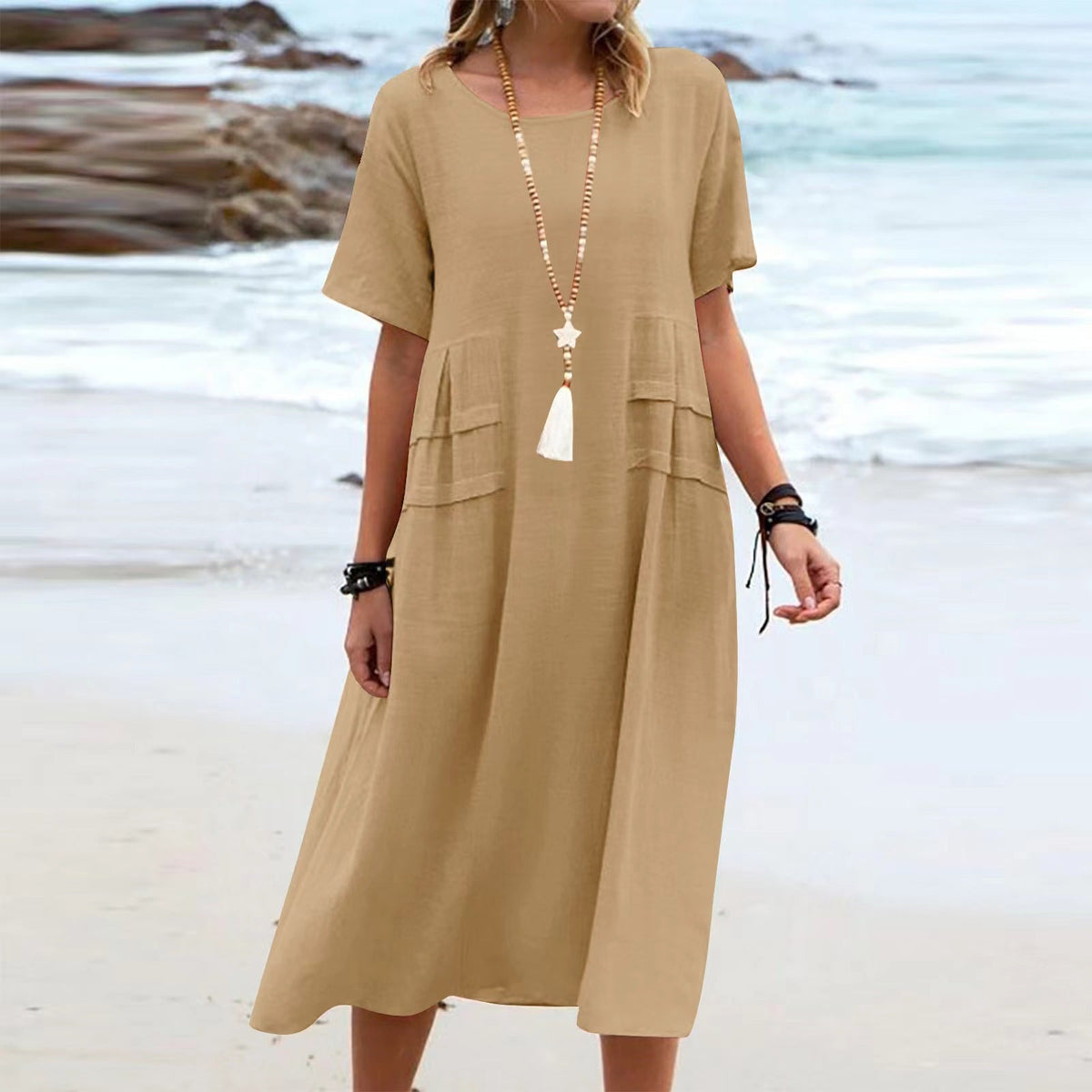 Women's Summer Loose Casual Midi Dress Breathable Cotton Linen Short-sleeve Mid-length Dresses Women Simple Beach Dress