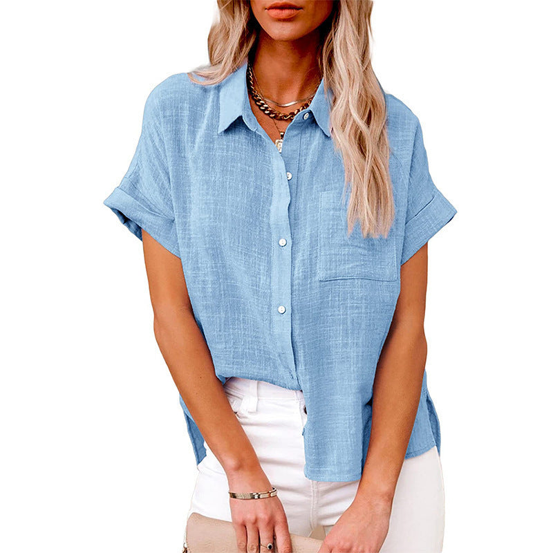 Summer Lapel Short Sleeve Shirt With Pockets Fashion Casual Solid Color Button Tops Women's Clothing