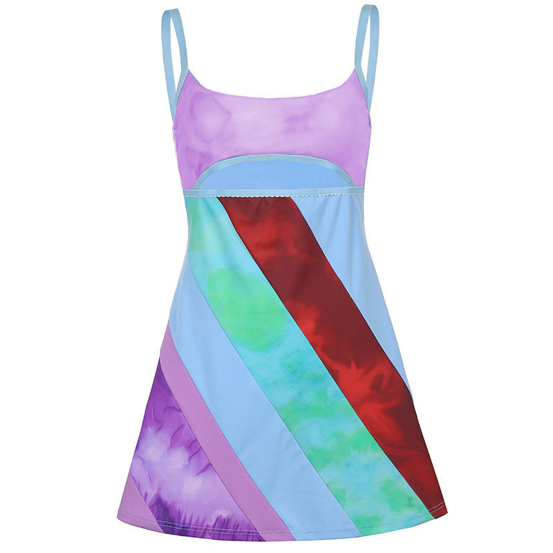 Y2K Aesthetic Patchwork Front Cut Out Stripe Spaghetti Strap Sexy Rave Party Dresses