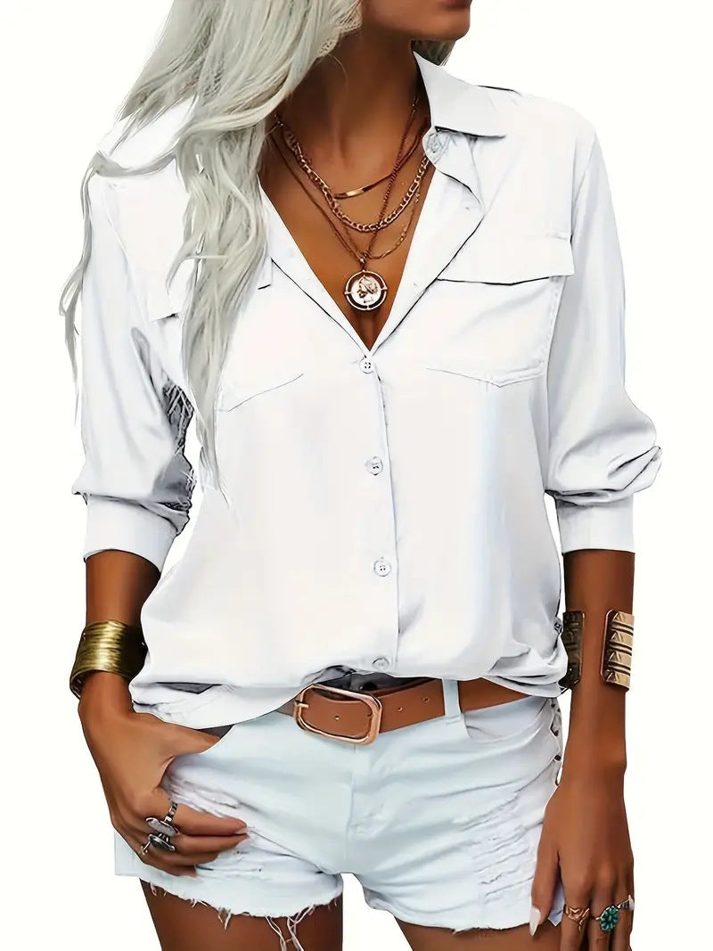 Women's Elegant Solid Chiffon Blouse Spring Summer Casual Long Sleeve V Neck Loose Shirt Office Lady Tunics Tops