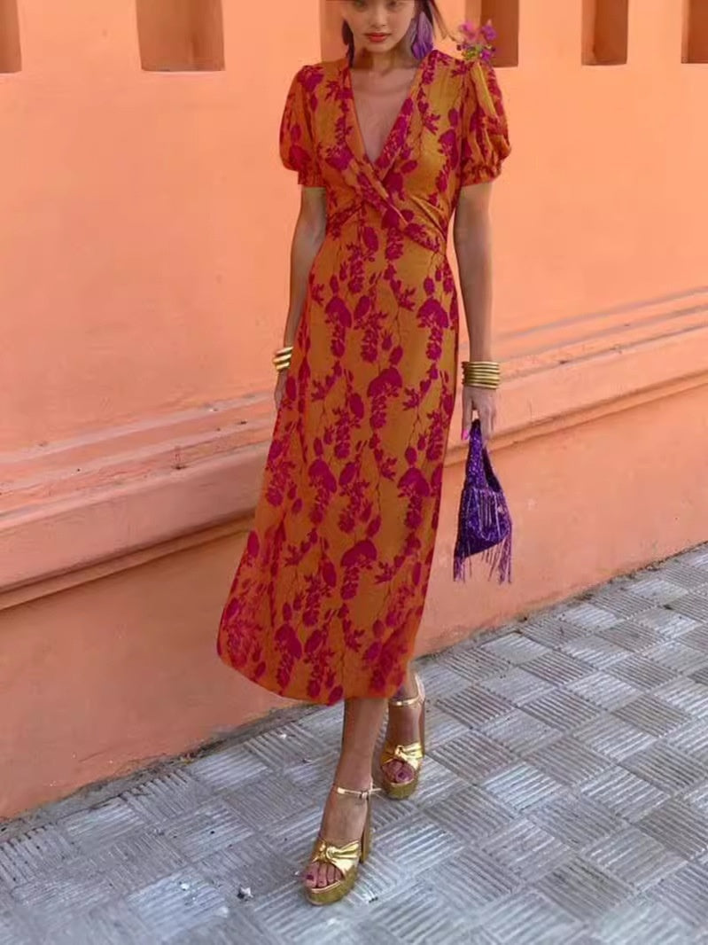 Summer V-neck Short-sleeved Dress Fashion Flowers Printed Slim Beach Dresses For Women Clothing