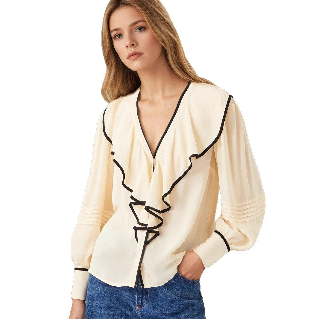 New Women's V-neck Retro Loose-fit Contrast-color Pleated Blouse
