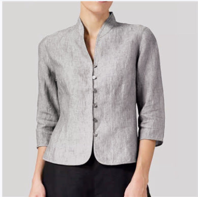 Slim Three-quarter Sleeve Button Jacket INS Fashion V-neck Stand Collar Outwear Tops Solid Color Clothing For Women