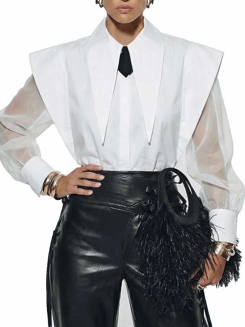 Black & White Oversized Shoulder Shirt & High-Waisted Maxi Skirt Set