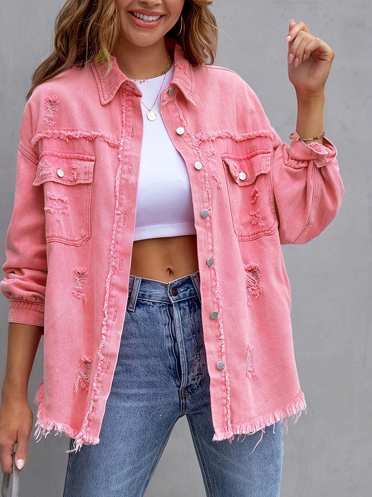 Fashion Ripped Shirt Jacket Female Autumn And Spring Casual Tops Womens Clothing