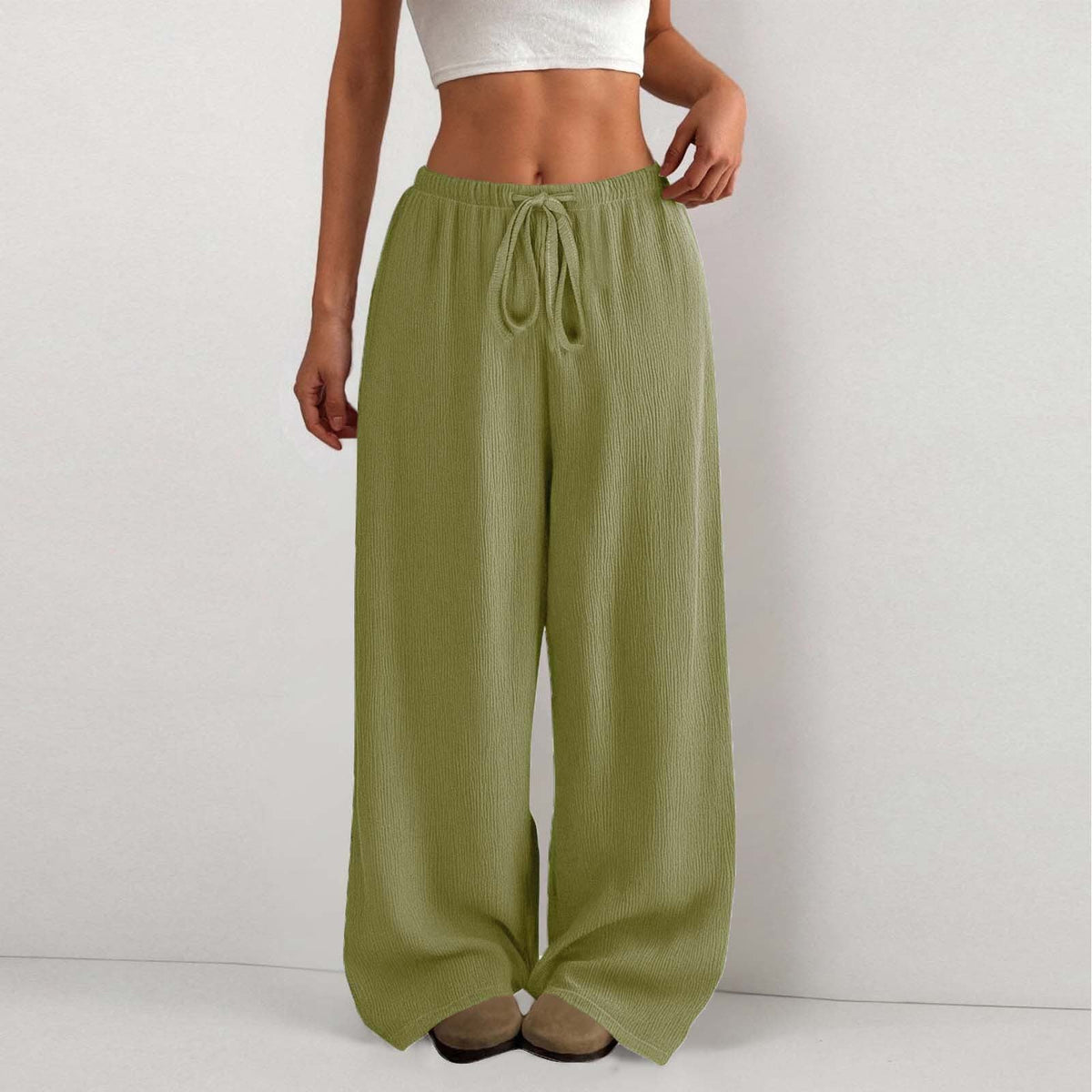 Women's Solid Color Loose Wrinkle Waist Drawstring Wide Leg Casual Trousers
