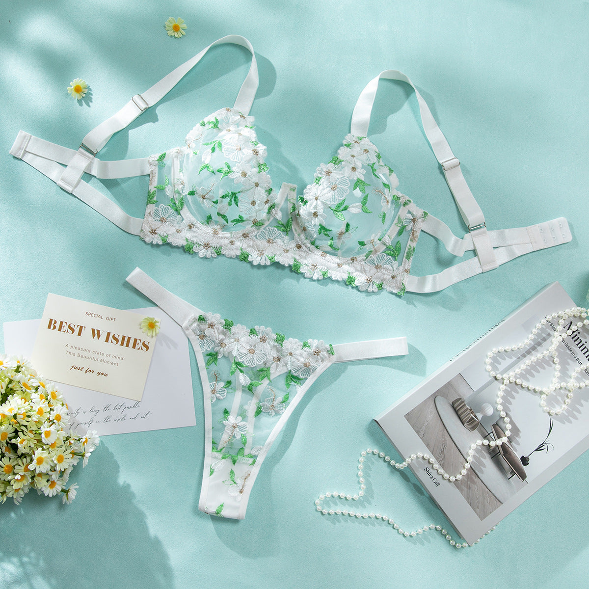 Lingerie With Steel Ring  Hot Floral Embroidery See-through Bra Set
