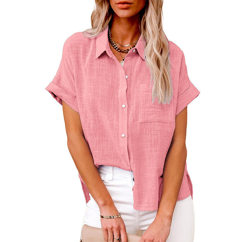 Summer Lapel Short Sleeve Shirt With Pockets Fashion Casual Solid Color Button Tops Women's Clothing