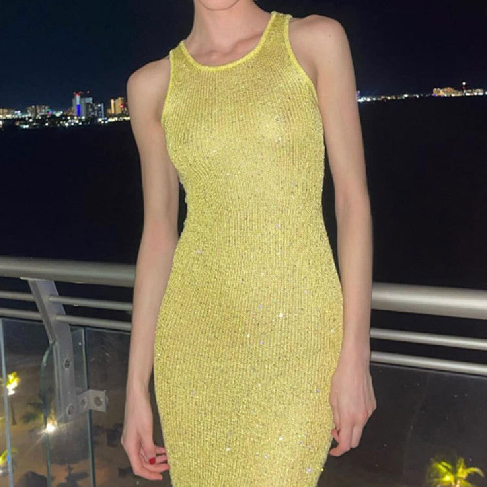 Fashion Sequin Sleeveless Knitted Dress Sexy Slim U-neck Maxi Dresses For Evening Party Club Clothing