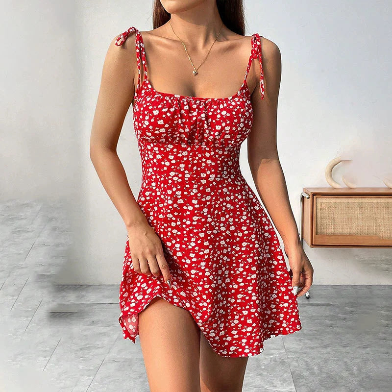 Floral Print Dress Summer Sweet A- Line Waist Trimming Dresses Women's Slimming Casual Clothing