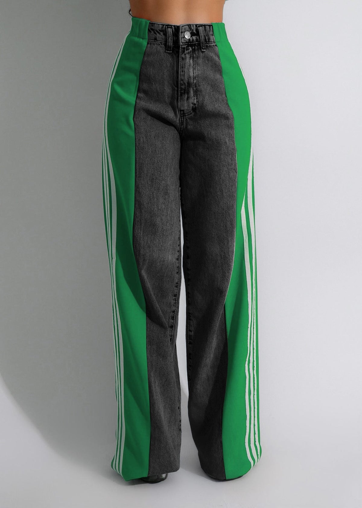 Fashion Casual High Waist Elastic Straight Leg Trousers Three Stripe Patchwork Denim Wide Leg Pants Streetwear
