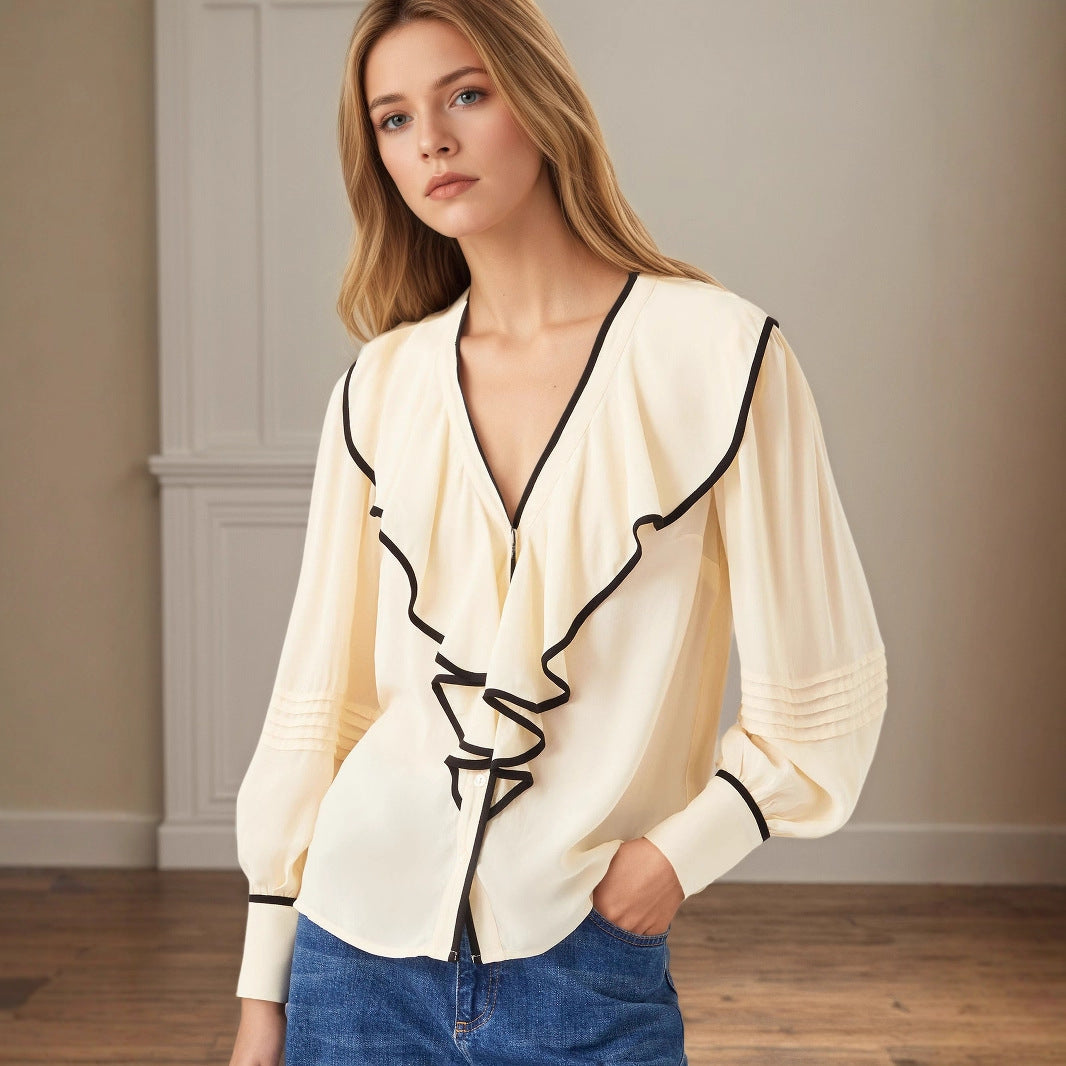 New Women's V-neck Retro Loose-fit Contrast-color Pleated Blouse