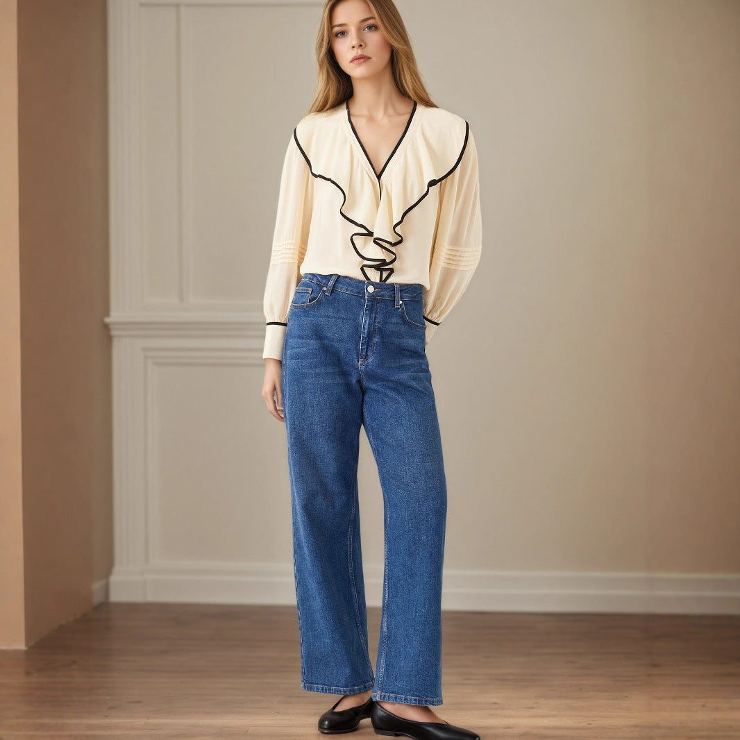 New Women's V-neck Retro Loose-fit Contrast-color Pleated Blouse