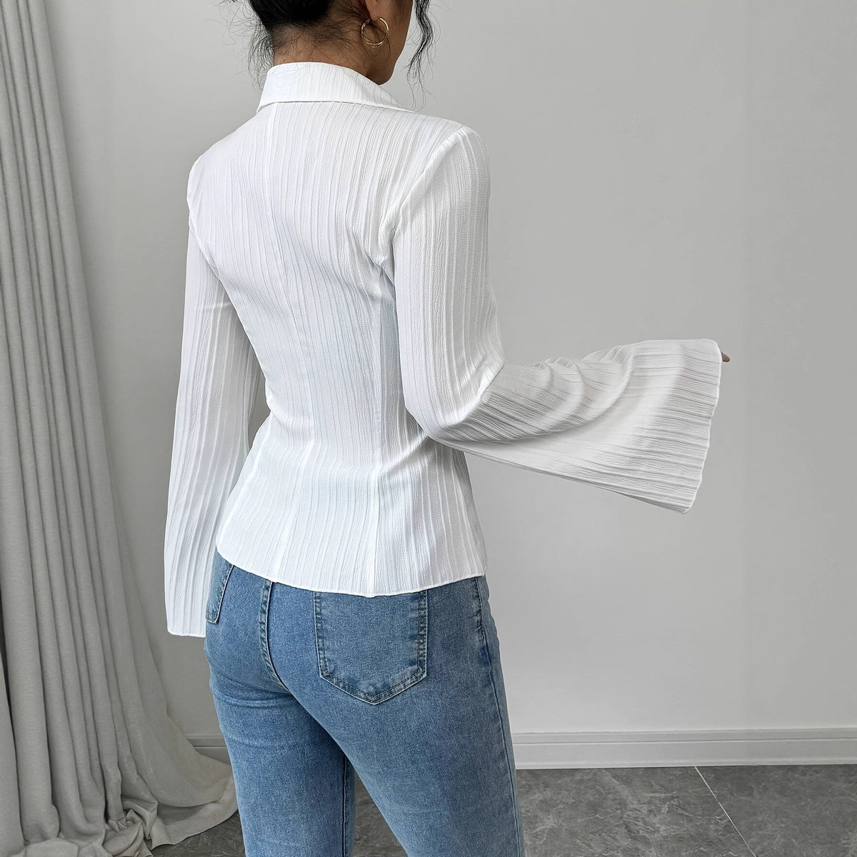 Elegant V-neck Single-breasted Solid-color Striped Blouse For Women