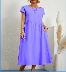 Summer Short-sleeved Dress With Pockets Fashion Solid Round Neck A-line Dresses For Women Clothing