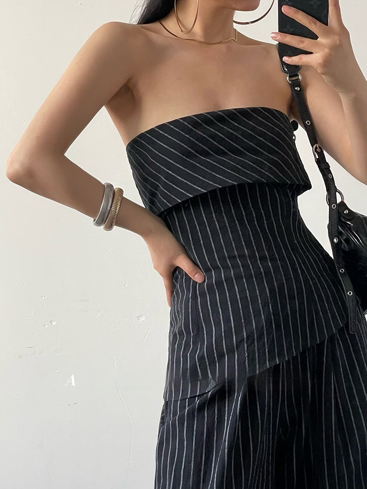 Retro Hot Girl Striped Tube Top Vest Women's Cotton Linen Casual Wide-leg Pants Suit