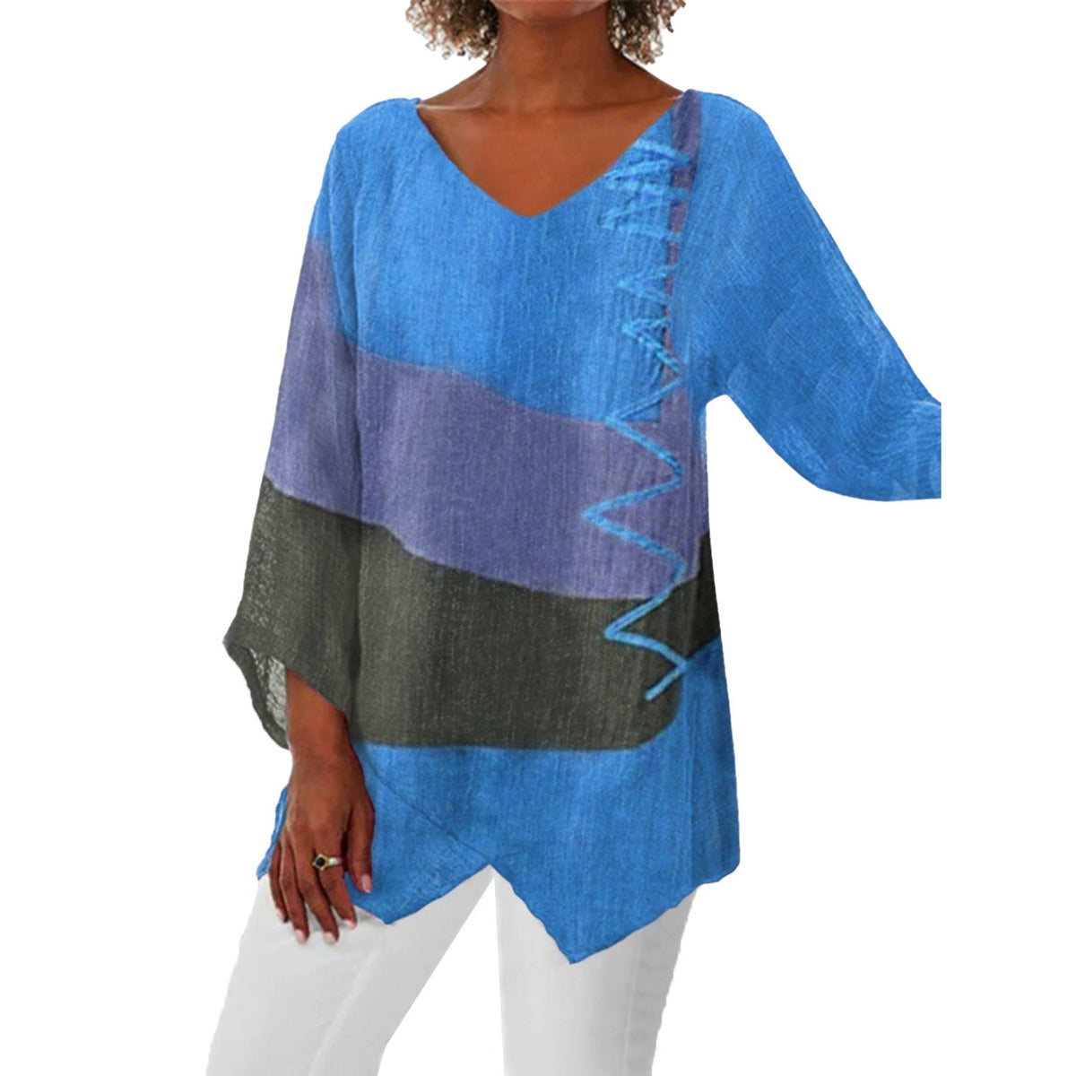 Ins Colorblock Print V-neck Long Sleeve T-Shirt Fashion Loose Tops Autumn And Spring Women's Clothing