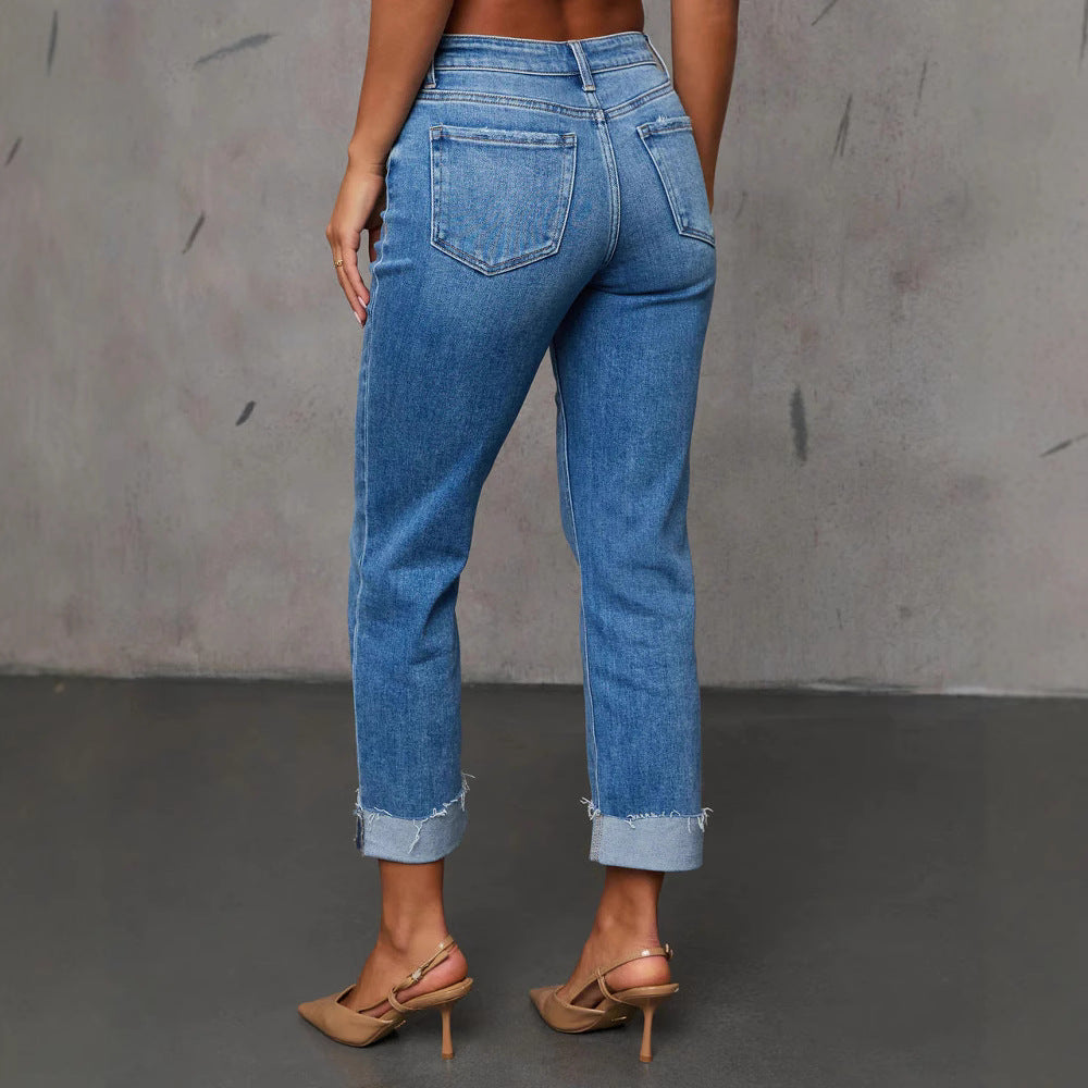 Cuffed Capri Pants, Fashionable Stretchy Whiskered Denim Jeans