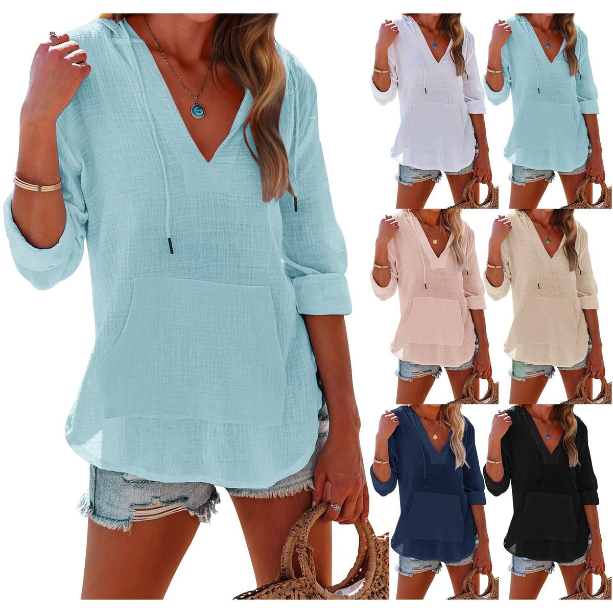 V-neck Hooded Shirt With Pockets Fashion Sports Long-sleeved Split Shirts Tops For Women Clothing