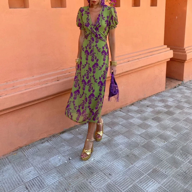 Summer V-neck Short-sleeved Dress Fashion Flowers Printed Slim Beach Dresses For Women Clothing