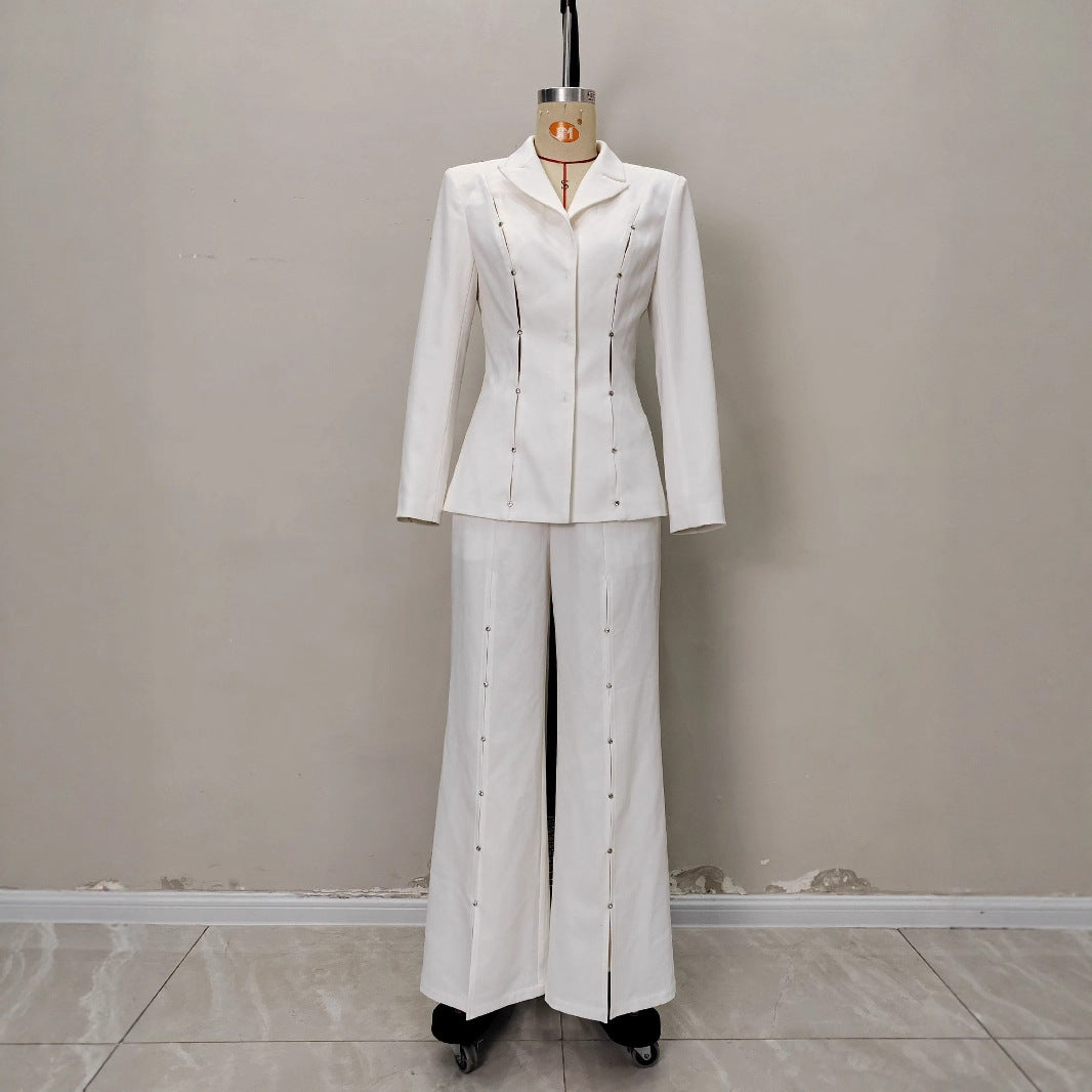 Metal Decorative Strip Embellished Design Trousers Slim Fit Long-sleeve Suit