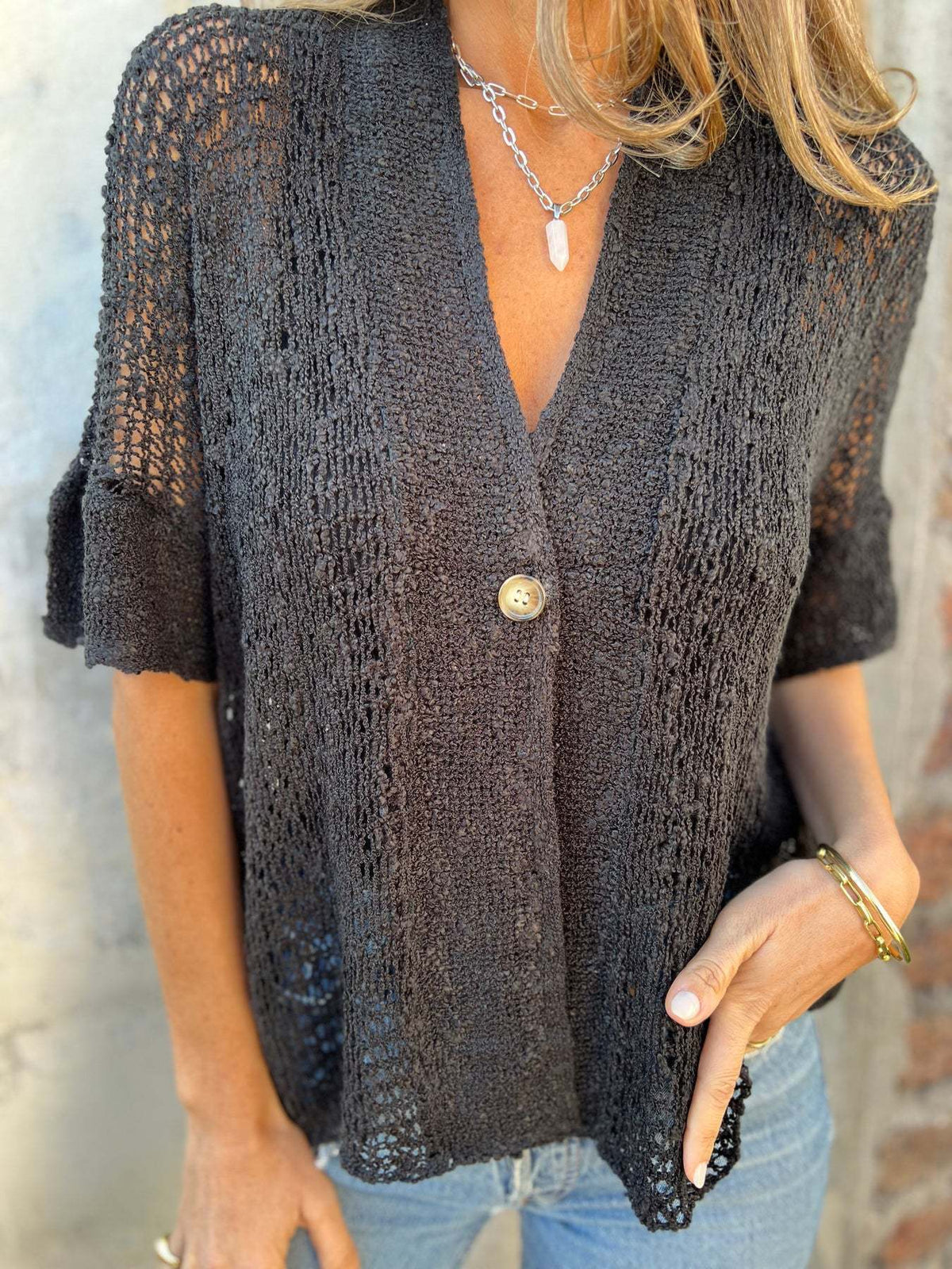 V-neck Single-button Half-sleeved Cardigan Hollow Out Knitted Tops For Women Clithing