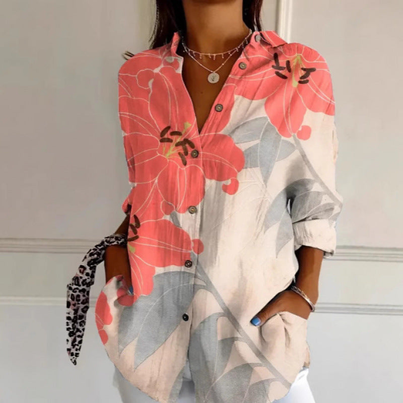 Floral Print Long-sleeved Shirt Women's Casual Button Tops Clothing