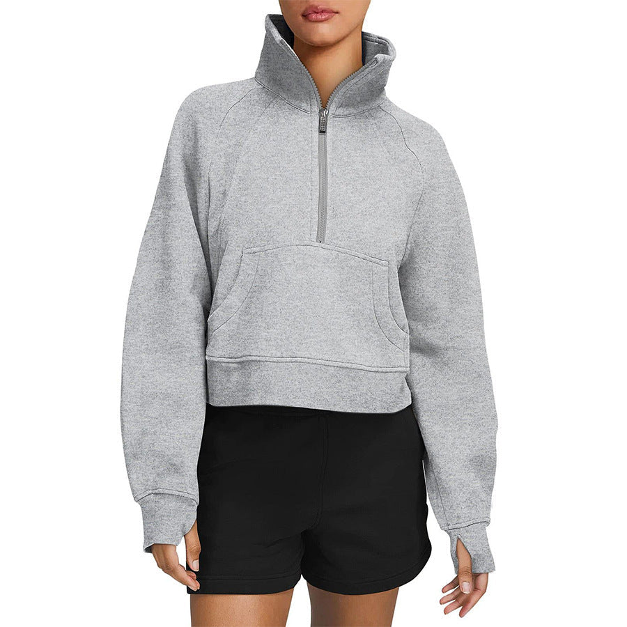 Autumn And Winter Fleece Sweater Half Zipper Coat Stand Collar Pocket European And American Style Women Sweater