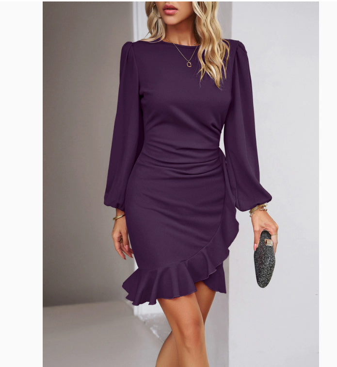 Women's Puff Long Sleeve Dresses Fashion Graceful Solid Color Slim Hip-covering Short Dress Womens Clothing