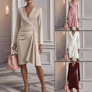 V Neck Folds  Solid Color Slim-fit Long Sleeve V-pleated Design Dress  Women's Office Commuter A-line Midi Party Dresses Female Clothing