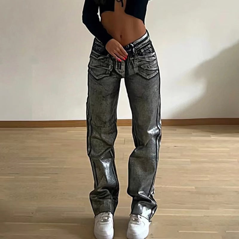 Washed Personality Blue Hot Silver Black Hot Silver High Waist Straight Style Jeans