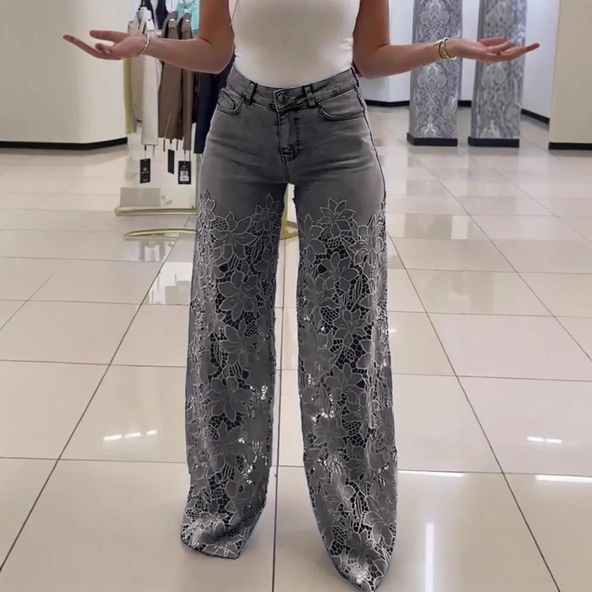 Y2K Lace Flowers Hollow Jeans Fashion High Waist Straight Wide Leg Pants Solid Color Trousers Women's Clothing