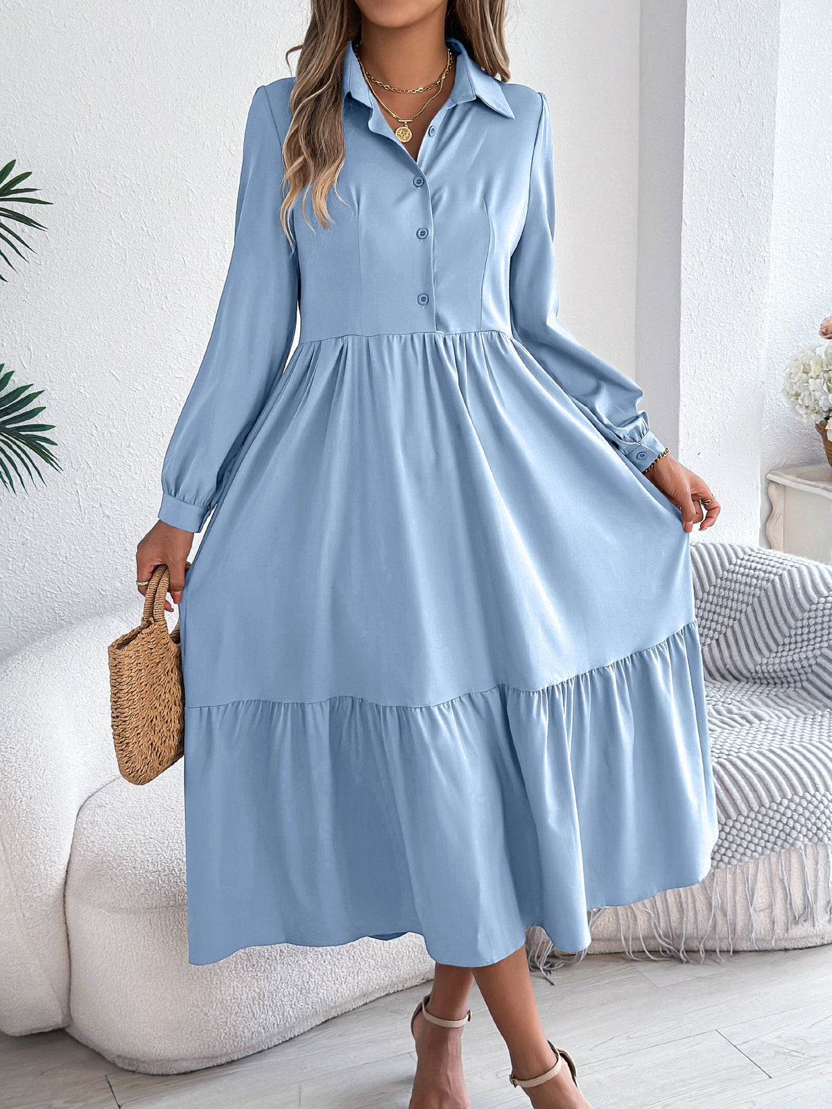 Women's Lapel Casual Loose Long Sleeve Ruffled Shirt Dresses Long Sleeved Turn-down Collar Single-Breasted Dress Spring Autumn Fashion Women's Clothing For Vacation