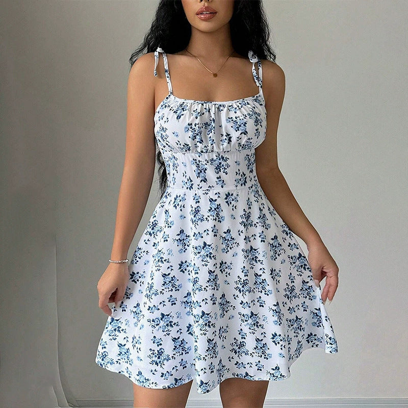 Floral Print Dress Summer Sweet A- Line Waist Trimming Dresses Women's Slimming Casual Clothing