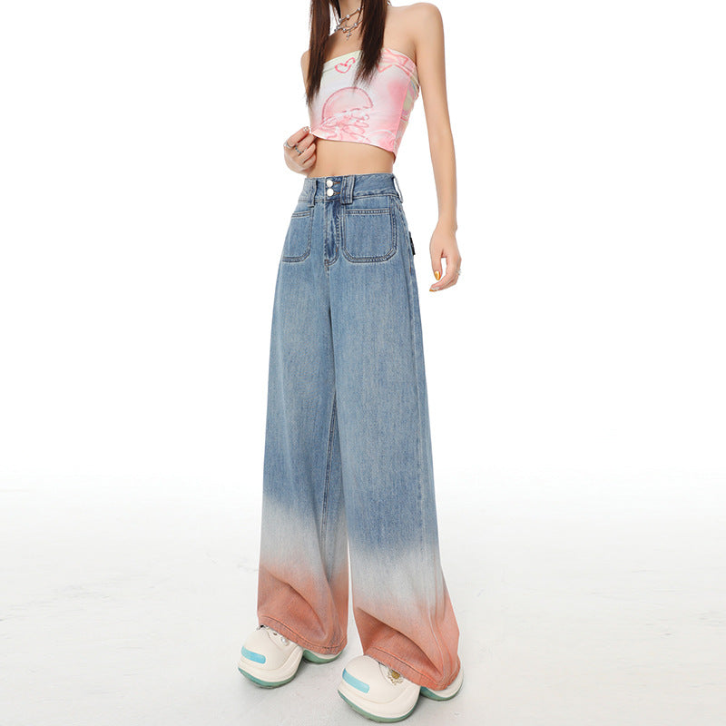 Gradient Color High Waist Wide Leg Jeans For Women Loose-fitting Mopping Pants