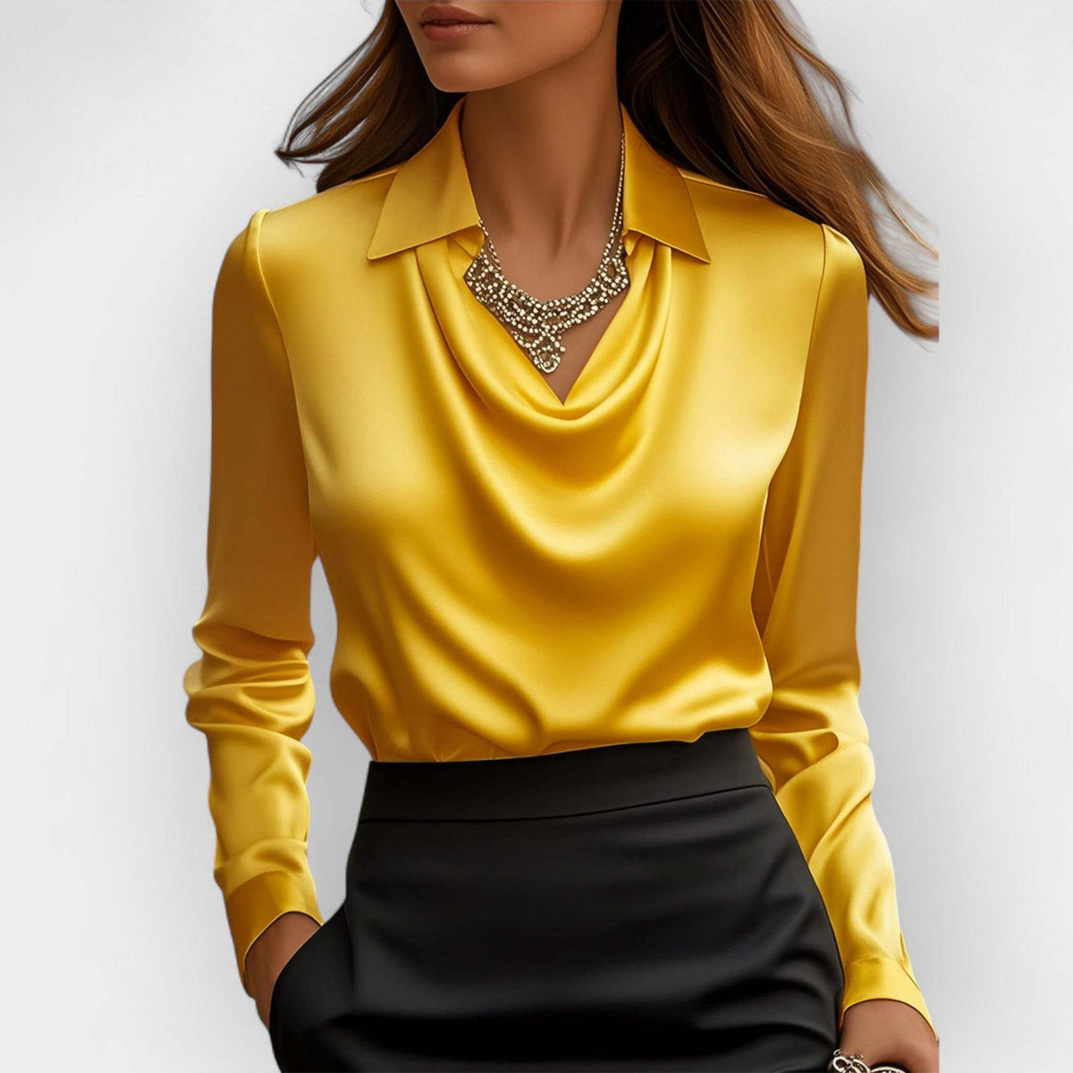 Women's Swing Collar Draped Shirts & Blouses Elegant Solid Satin Office Ladies Top Pullover Spring Long Sleeve Casual Tops