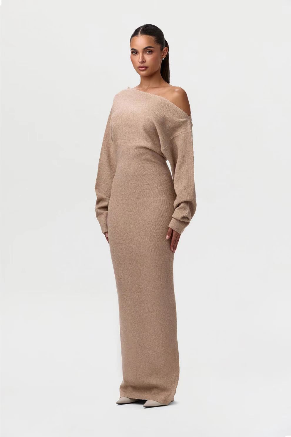 Ins Slim Long Sleeve Knitted Dress Evening Party Sexy Off-shoulder Bodycon Long Dresses