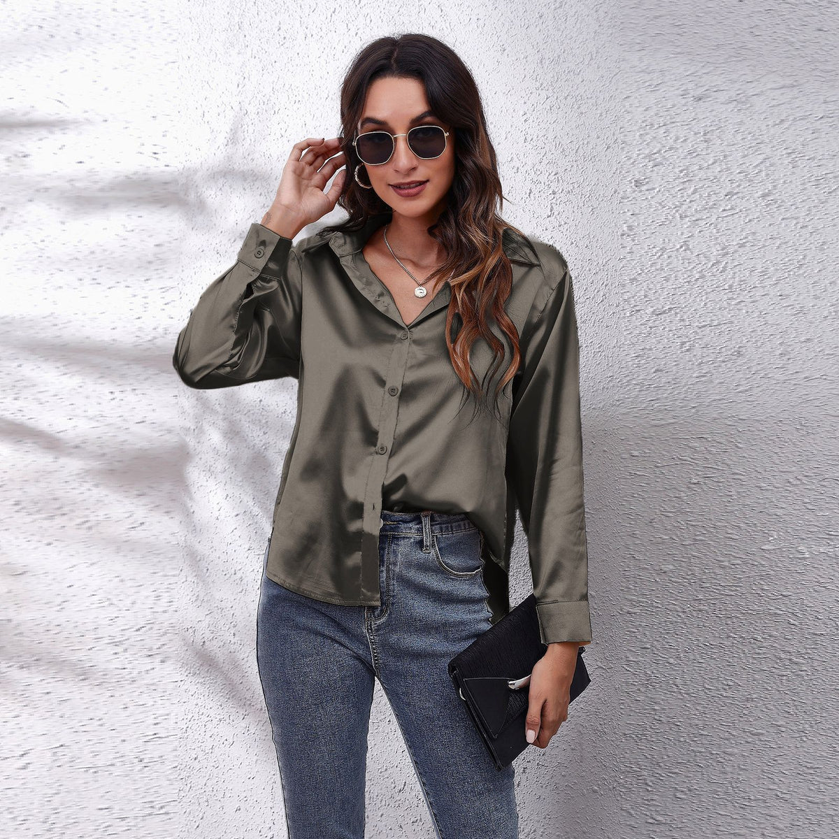 Women's Solid Color Satin Satin Long Sleeve Blouse