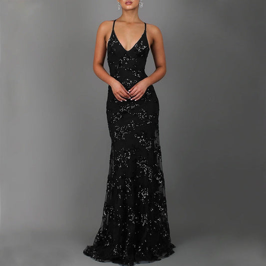 Dress V-neck Brace Backless Sequined Long Night Dresses High Waist Dance Wedding Prom Bridesmaid Maxi