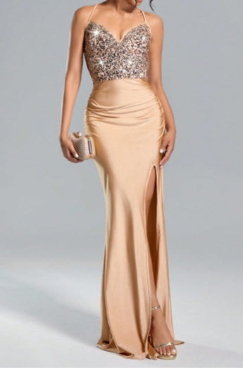 Suspended Backless High Waisted Sequin Patchwork High Slit Long Skirt Dresses Graduation Summer Dress Maxi Women Outfit