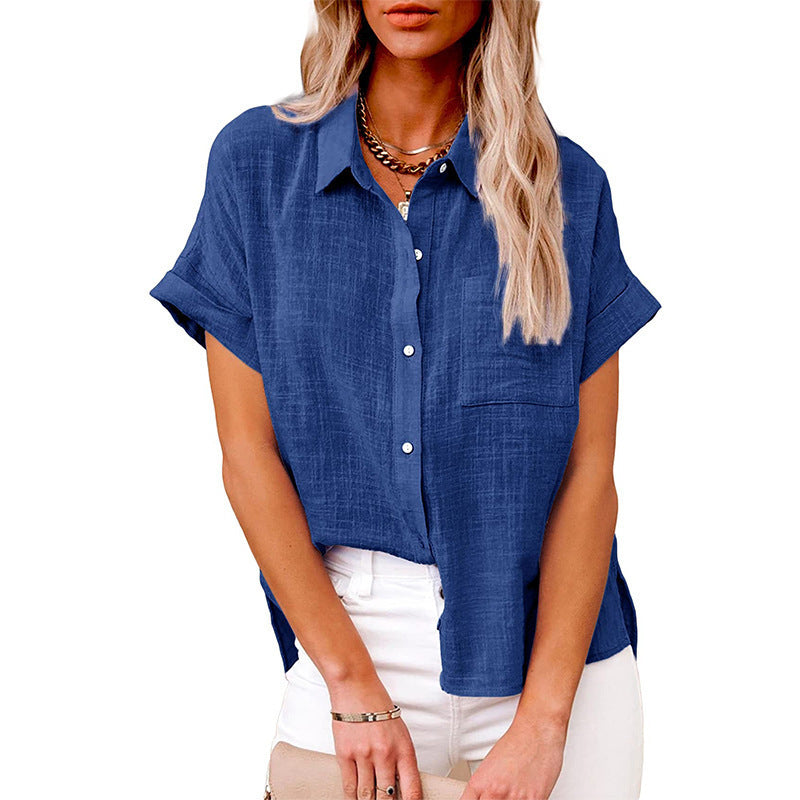Summer Lapel Short Sleeve Shirt With Pockets Fashion Casual Solid Color Button Tops Women's Clothing