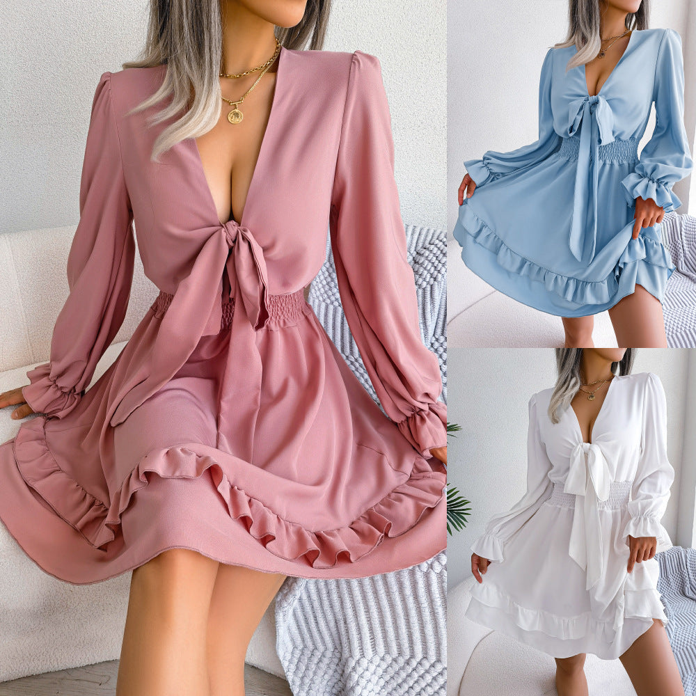 Summer Dresses Solid Color V-neck Long Sleeve Dress For Women Sexy V-neck Lace Up A-line Dress Women's Beach Dress