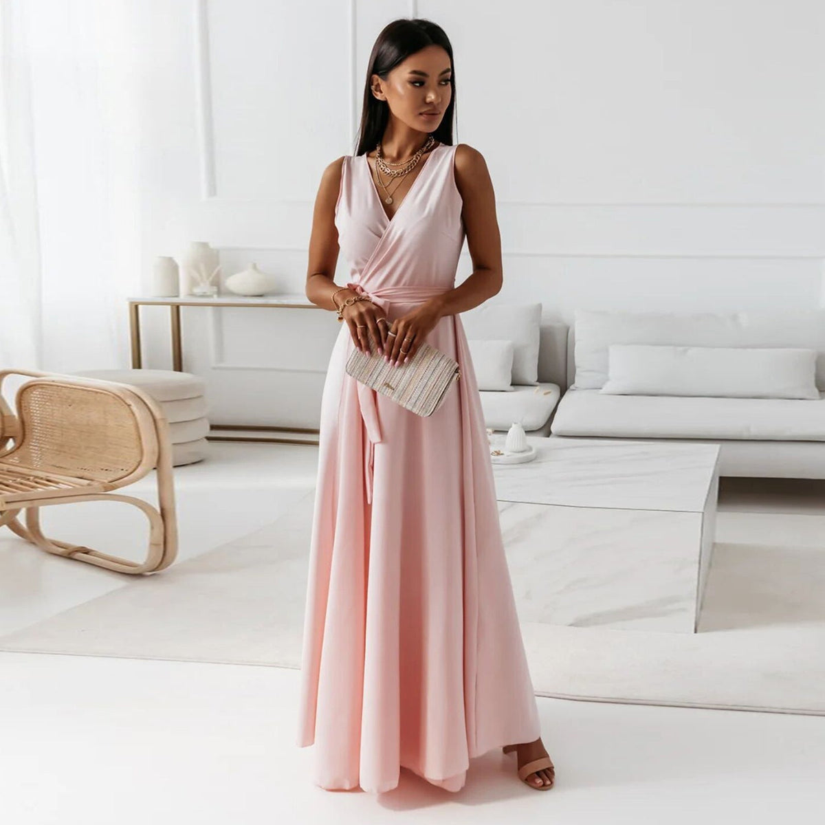 V-neck Sleeveless Dress With Belt Summer Fashion Party Club Evening Maxi Dresses For Women Clothing