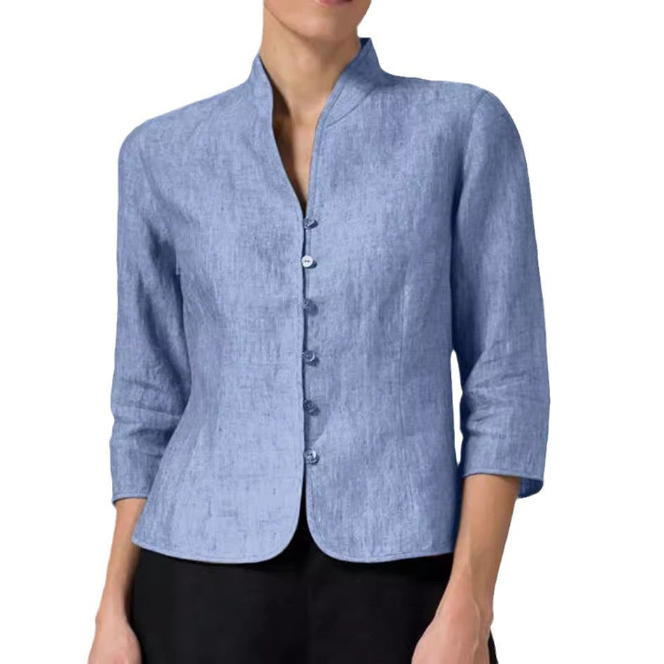 Slim Three-quarter Sleeve Button Jacket INS Fashion V-neck Stand Collar Outwear Tops Solid Color Clothing For Women