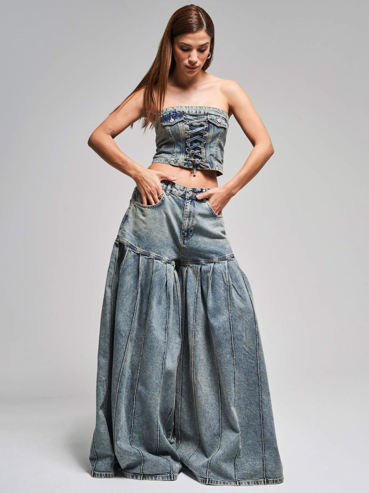Strapless Denim Corset Crop Top & High - Waisted Pleated  Wide - Leg Pants Set