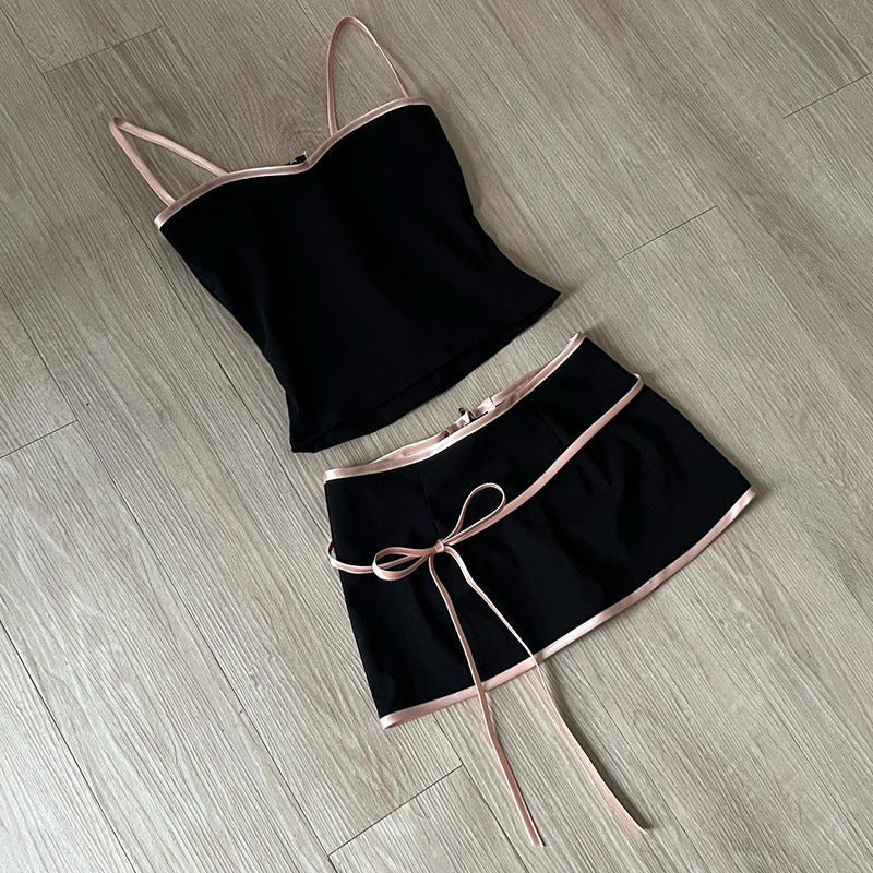 Black Camisole Bow Skirt Vest Suit