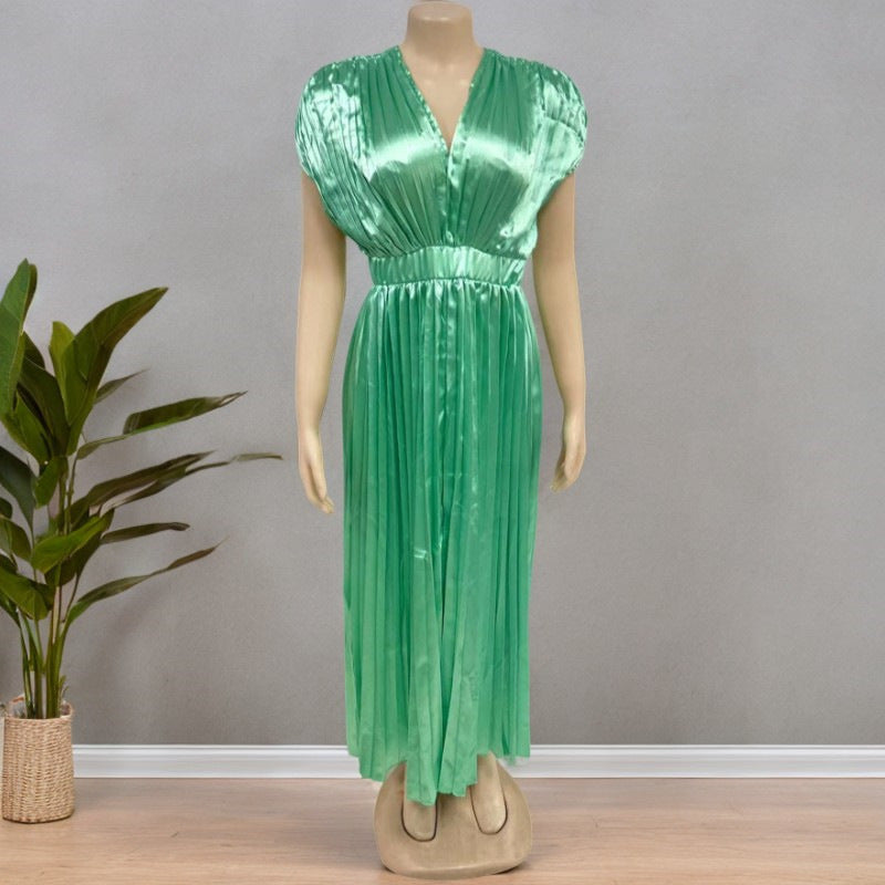 Summer V-neck Pleated Dress INS Fashion Casual Loose Zip Sleeveless Dresses For Women Clothing