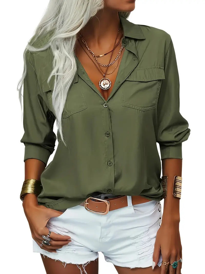 Women's Elegant Solid Chiffon Blouse Spring Summer Casual Long Sleeve V Neck Loose Shirt Office Lady Tunics Tops